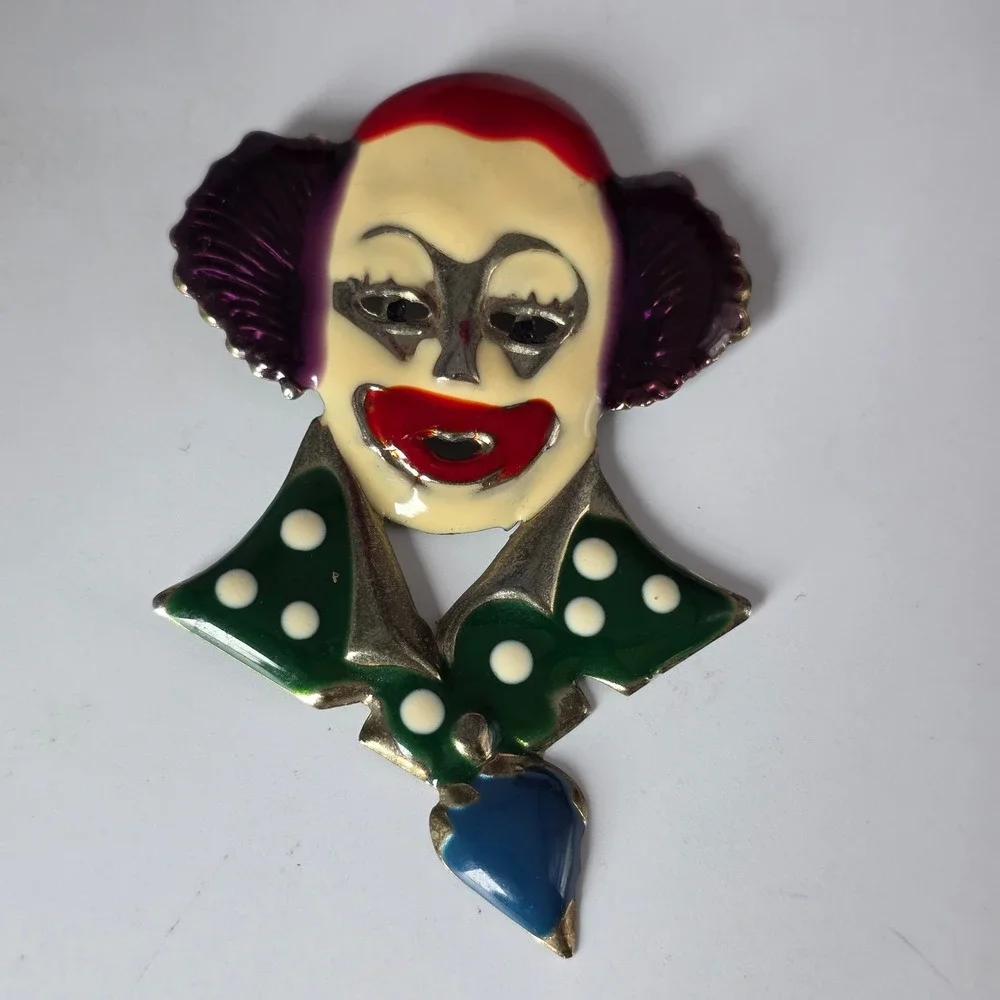 Vintage Style Enamel Clown Brooch Multi-Color Polka Dot Circus Performer Pin